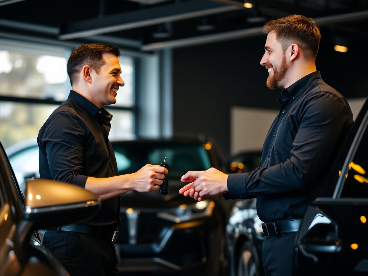 Consultor da Vértice Auto Center entregando a chave de um veículo ao cliente